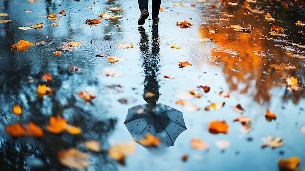 Photo an umbrella39s reflection in a puddle with autumn leaves