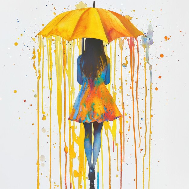 Photo an umbrellaholding woman or child during a downpour drawing style image with paint drips illustration for covers cards postcards interior designs decors and prints