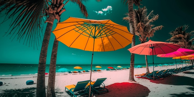 Umbrellas and sunbeds on the beach with coconut trees in the background Generative AI