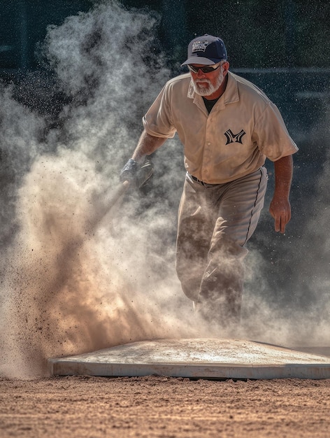 Photo umpire dusting off home plate between innings on a hot day