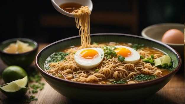 Un tazon de ramen japones con fideos huevo cocido y cebollas verdes picadas