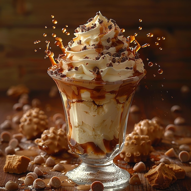 una copa de cristal de helado con helado de chocolate y topping de caramelo Al fondo se ve el mar