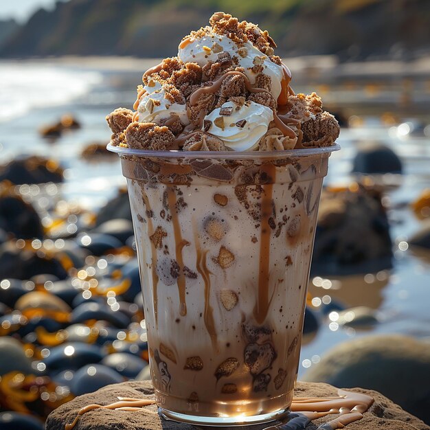 una copa de cristal de helado con helado de chocolate y topping de caramelo Al fondo se ve el mar