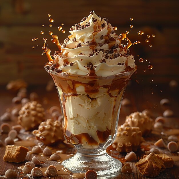 una copa de cristal de helado con helado de chocolate y topping de caramelo Al fondo se ve el mar