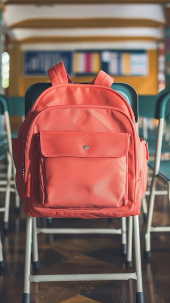 Photo una mochila de escuela tirada encima de la mesa de una clase de parvulario ar 916 style raw job id 607dbff5064d4ddb8c2de6162919743b