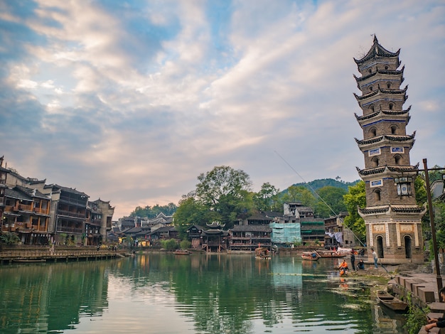 Unacquainted people with Scenery view of fenghuang old town .phoenix ancient town or Fenghuang County is a county of Hunan Province, China