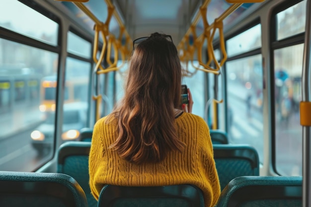 Unaware Back view woman using phone Generate Ai