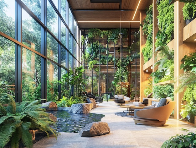 Photo unbelievable biophilic interior design with lush greenery