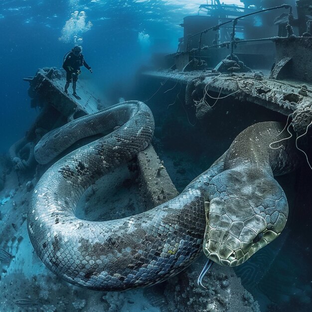 An unbelievable sea snake circled around a lowered wreck