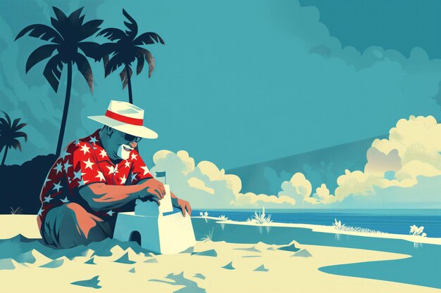 Uncle Sam in Hawaiian shirt builds sandcastle of White House at beach Midcentury modern