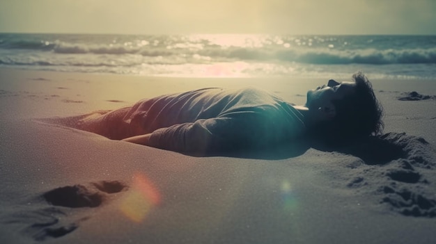 Unconscious man lying on the sand on the beach Generative Ai