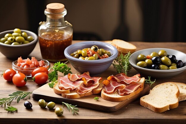 Uncooked bacon salsa sauce olives toast bread garlic infused oil and olives on wooden table