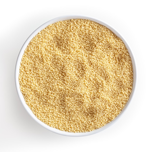 Uncooked couscous in white bowl isolated on white background with clipping path