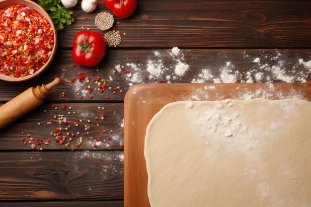 Photo uncooked pizza dough with toppings and rolling pin on wooden backdrop