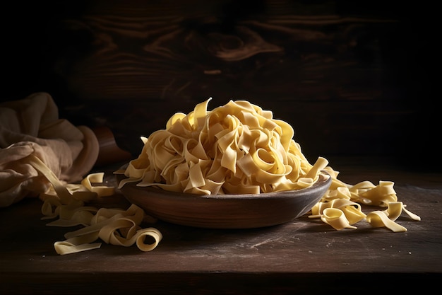 Uncooked tagliatelle pasta in a bowl on wooden background AI generated