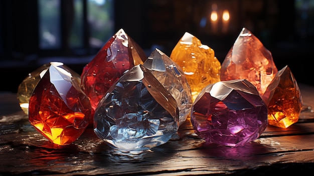 Uncut gems minerals and crystals lie on a wooden table Macro photography Horizontal format