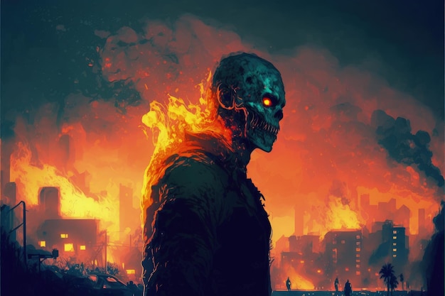 Undead looking backward with flaming urban backdrop Fantasy concept Illustration painting Generative AI