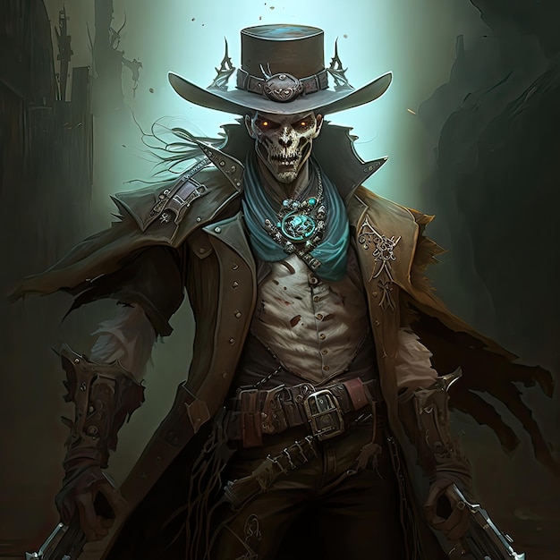 Undead shooter in a black hat and amulet Noon duel skeleton dark atmosphere bounty hunter frontier gunslinger high definition art generative artificial intelligence