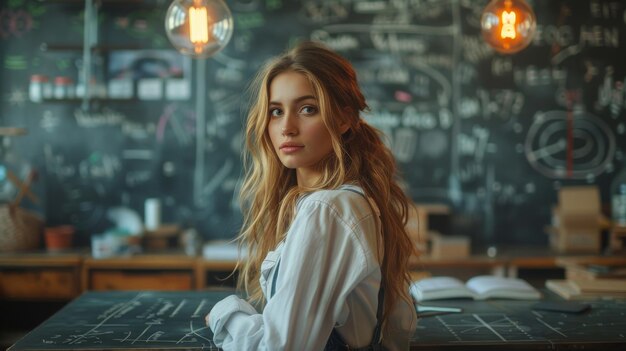 An undergraduate student or a young female teacher writes math formulas on the blackboard in a classroom