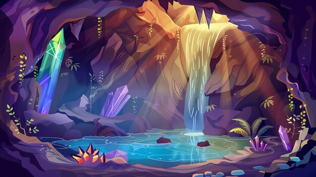 Photo underground cave with river or lake waterfall cartoon illustration