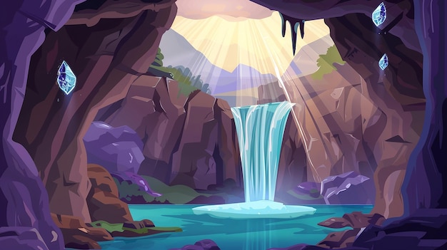 Photo underground cave with river or lake waterfall cartoon illustration