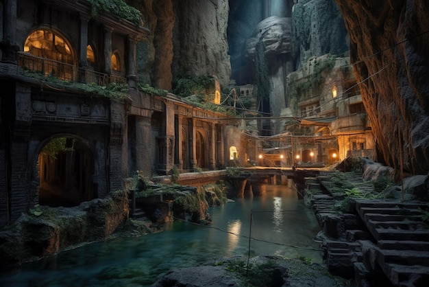 Underground city with river and rooms fantasy of lost cave town and adventure generative AI