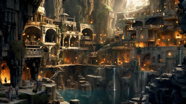 underground city with river and rooms fantasy