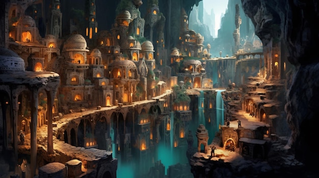 underground city with river and rooms fantasy