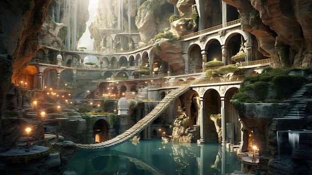 underground city with river and rooms fantasy