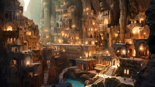 underground city with river and rooms fantasy