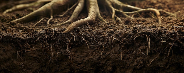 Underground image of tree roots growing in the soil with empty copy space