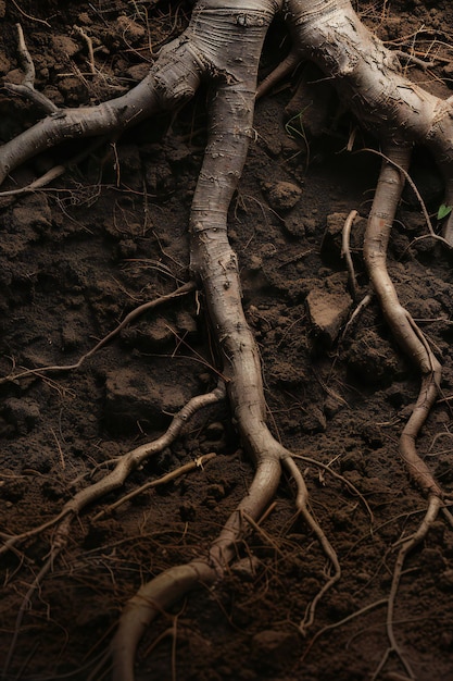 Underground image of tree roots growing in the soil with empty copy space