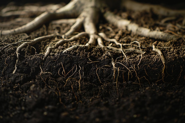 Photo underground image of tree roots growing in the soil with empty copy space