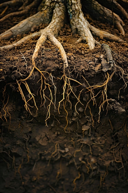 Photo underground image of tree roots growing in the soil with empty copy space