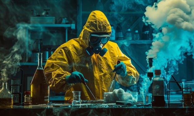 In an underground laboratory a secret chemist prepares drugs He wears a mask and overalls and works