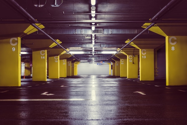 Underground parking garage at night 