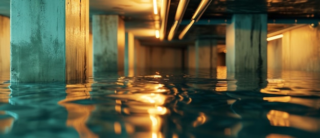 Underground perspective of a flooded area with water reflecting the eerie glow of lights amidst structural pillars