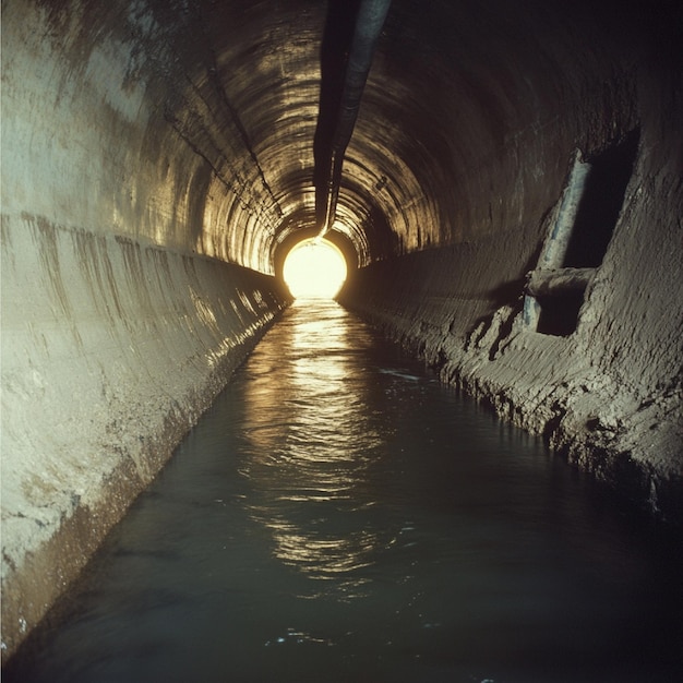 Photo an underground pipeline crossing beneath a major river with safety measures in place