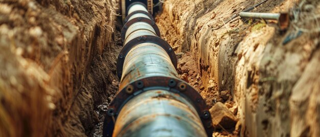 Underground pipeline installation in a deep trench highlighting industrial infrastructure