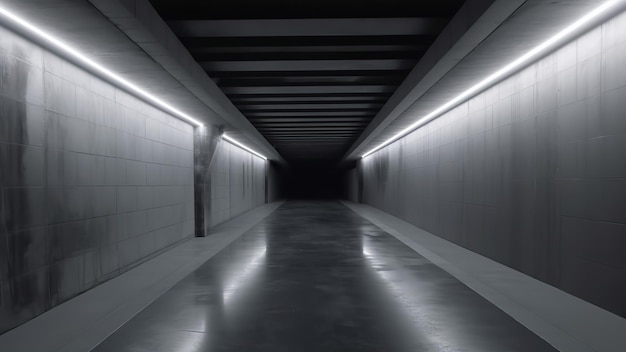 An underground tunnel with lighting and darkness at the end