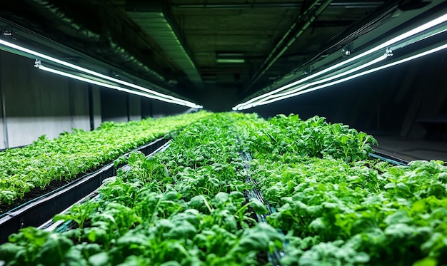 An underground urban farm with rows of hydroponic