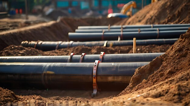 Photo underground water pipeline installation in infrastructure development for urban water supply system