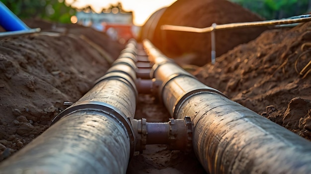 Photo underground water pipeline installation in infrastructure development for urban water supply system