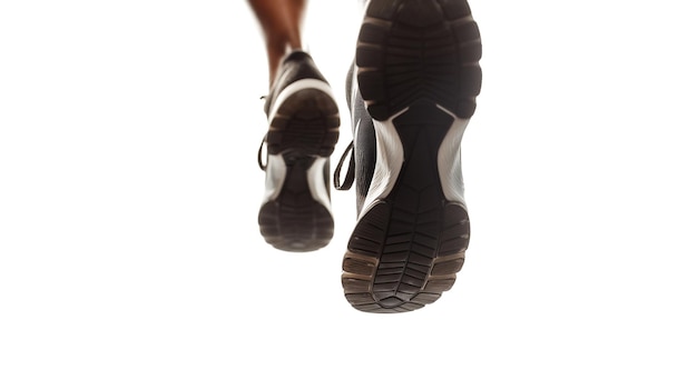 Underneath view of running shoes in midair highlighting the sole tread against a white background