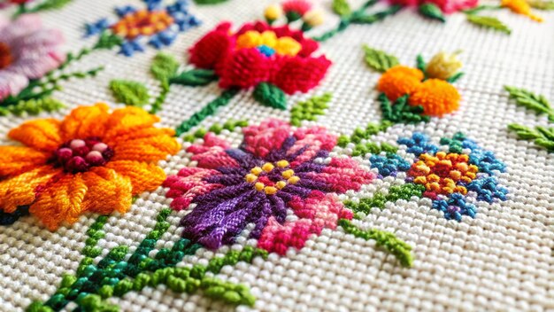 Underside of a cross stitch craft project showing thread and yarn stitched on fabric with flowers