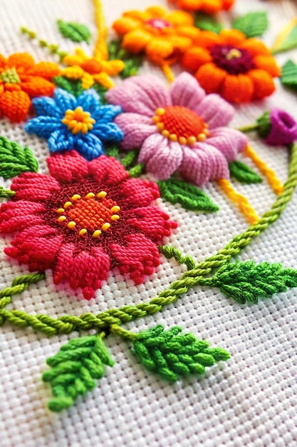 Underside of a cross stitch craft project showing thread and yarn stitched on fabric with flowers