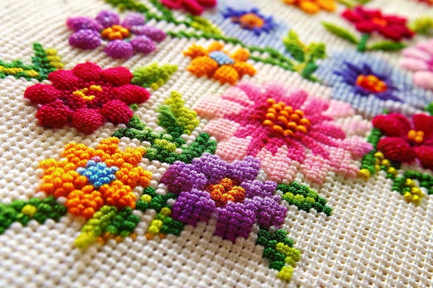 Underside of a cross stitch craft project showing thread and yarn stitched on fabric with flowers