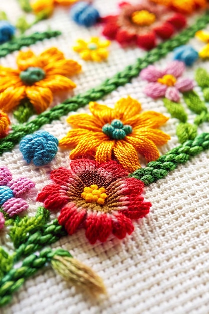 Underside of a cross stitch craft project showing thread and yarn stitched on fabric with flowers