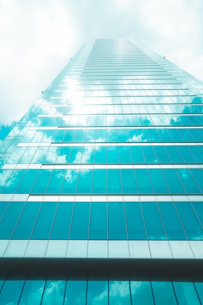 Underside panoramic and perspective view to steel blue glass high rise building skyscrapers