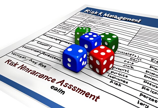 Photo understanding risk management through an engaging visual of dice and assessment document for effecti